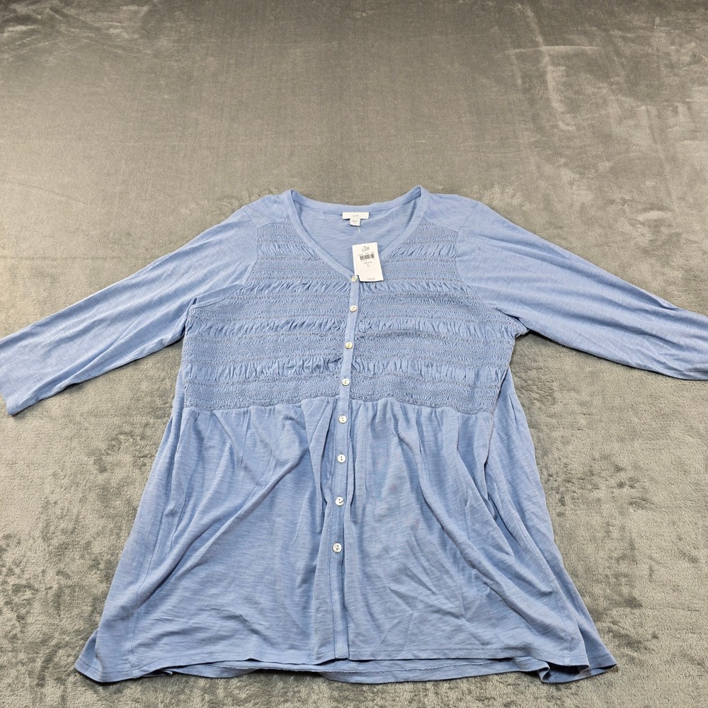J. Jill Smocked Tunic Top Womens L Blue 3/4 Sleeve V-Neck Mirage Coastal Casual